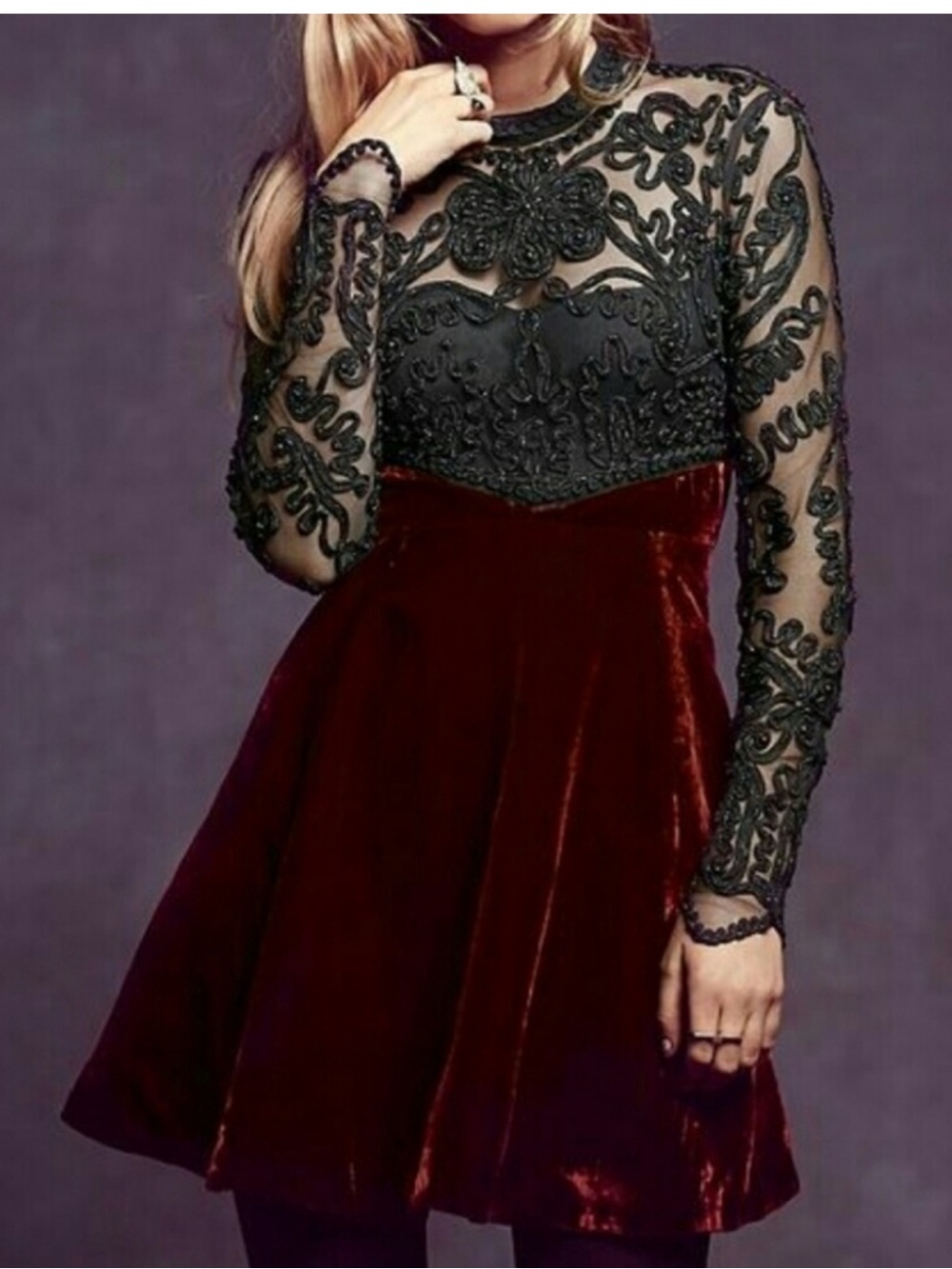 NWT Free People Ginger Meadow Lace Red Velvet Fit & Flare Dress Womens Sz 8